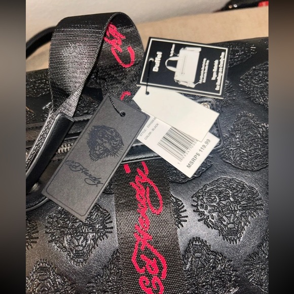 NWT Ed Hardy Black Tiger Embossed Duffel Bag with Guitar Cross Body Straps - Picture 5 of 12